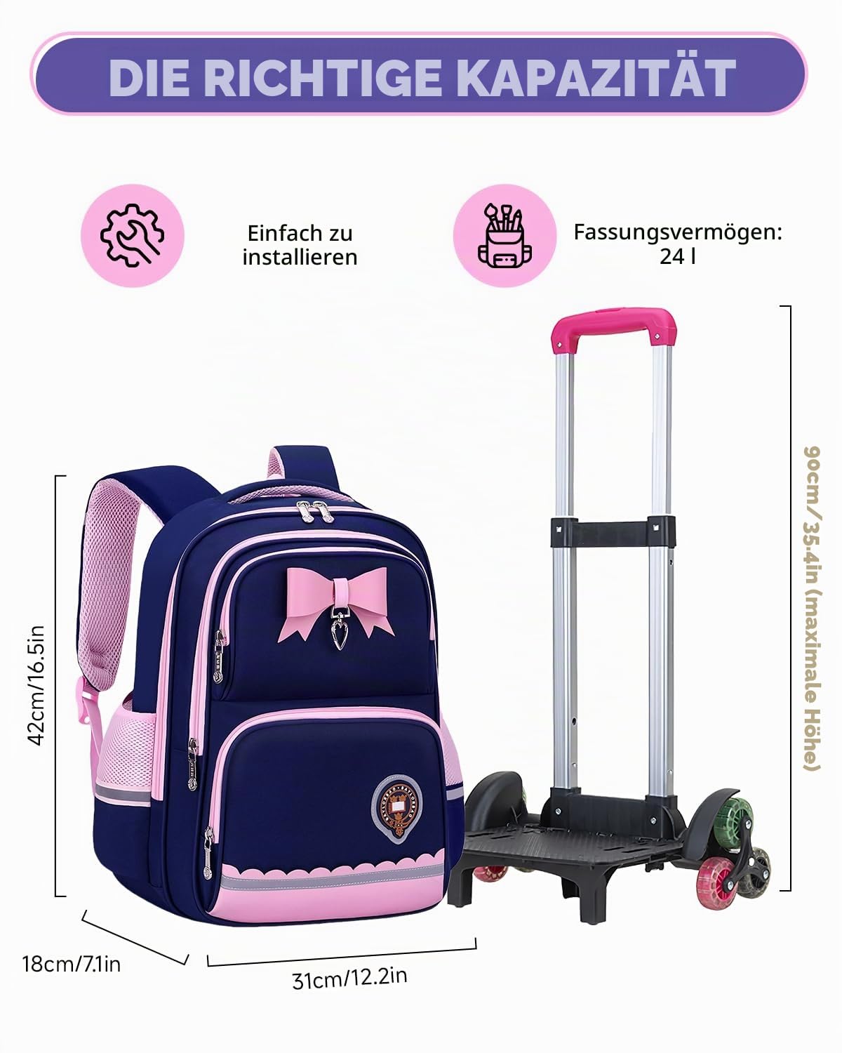 Amythe Schulranzen mit Rollen für Mädchen, Schulrucksack 1.-5. Klasse Blau | Trolley-Schultasche Mädchen 6 Räder, Wasserdichter Rucksack Kinder mit Reflektoren für Grundschule 6-10 Jahre, Schulstart