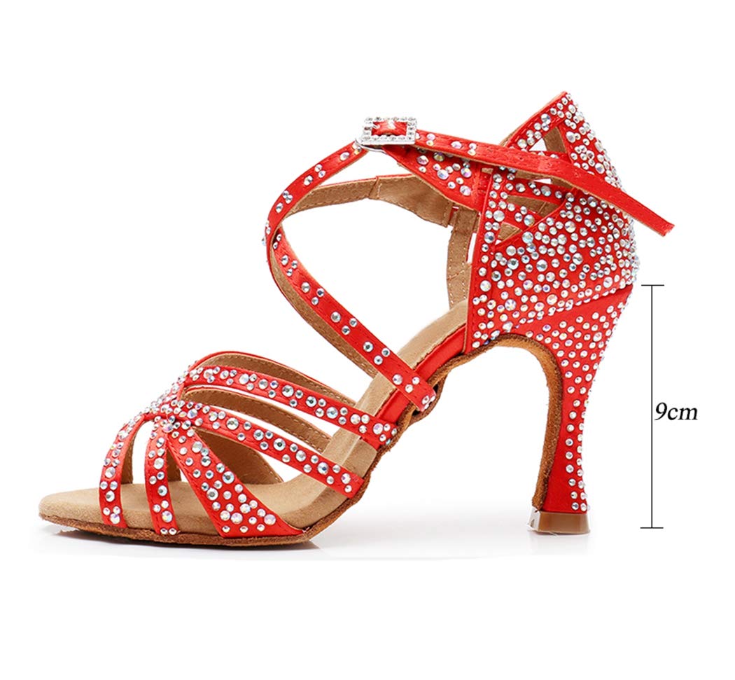 Sandalias de baile moderno latino con correa cruzada para mujer, con diamantes de imitación de tango social, bailes, Tacón marrón de 9 cm. — view 4