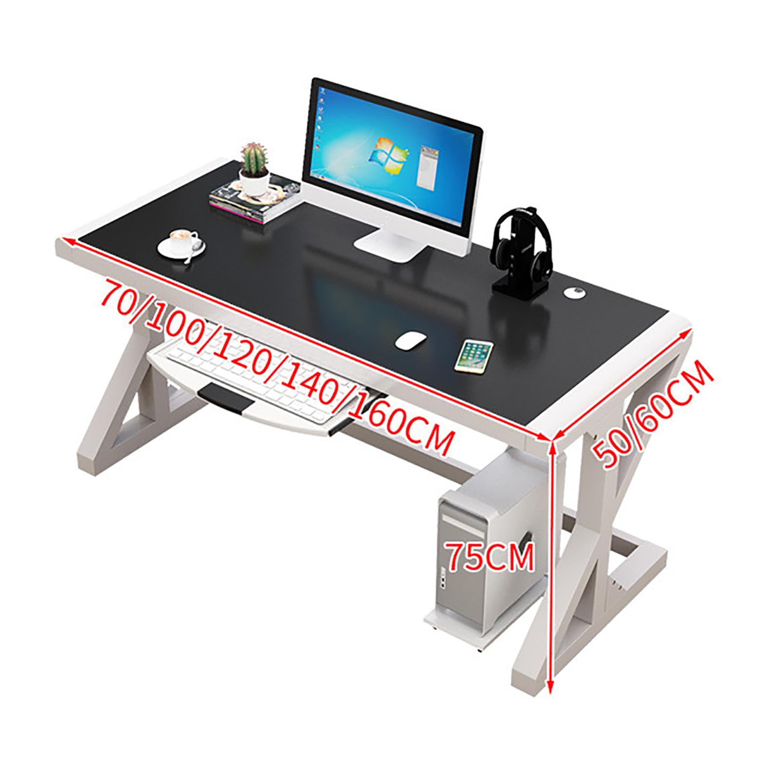 Biurko komputerowe ze szkła hartowanego, duże biurko do nauki z nogami w kształcie litery X, biurko do gier, komputer, laptop, stół do nauki, stacja robocza do biura w