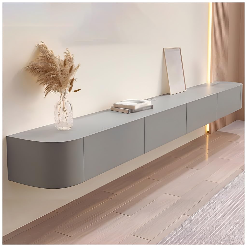 ASKLFNEI Floating TV Stand with Drawers and Door, Wall Mounted TV Console, Solid Wood TV Cabinet, Media Console, with Router Hole & Hollow Back(Grey,