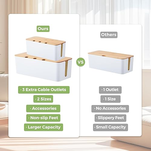 Miniatura 5 de Paquete de 2 cajas de organización de cables, caja organizadora de cables con tapa de bambú, organización de cables debajo del escritorio con 10