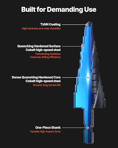 Miniatura 3 de VEVOR Broca escalonada, 316 a 78 pulgadas, vástago hexagonal de 14 pulgadas, revestimiento TiAlN cobalto HSS de acero de alta velocidad, cuatro