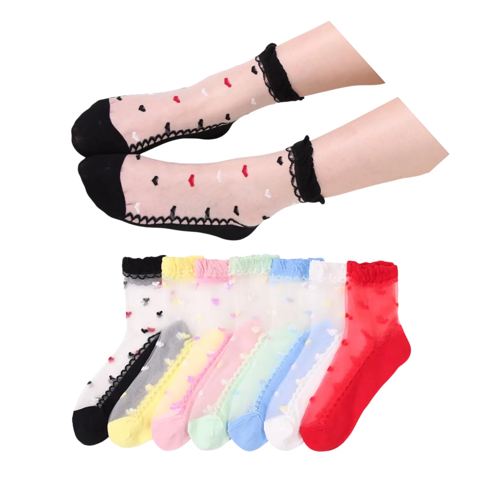LONGSILVER Heart Socks Mesh Ruffle Cuff Dot Dopamine Dressing Transparent High Ankle Sock for Teen Girl Women 7 Pairs