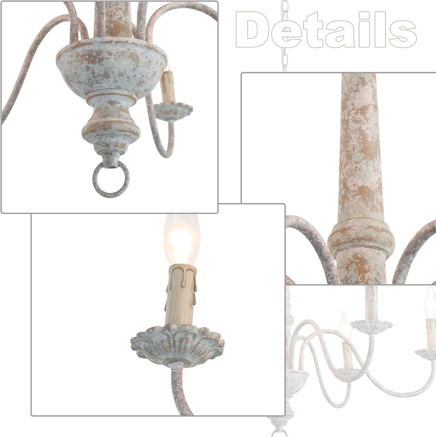 6-Light French Country Chandelier Farmhouse Rustic Distressed Wood Chandelier Vintage Modern Candle Style Wooden Metal Chandeliers for Dining Room, Living Room, Kitchen Island, Bedroom, E12