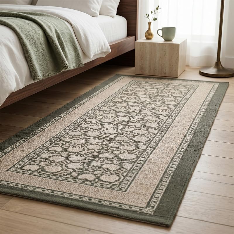 Peepul Tree Hand Block Printed Cotton Rugs 3x5 feet Ivory and Charcoal for Living Room |Modern Durries for Living Room | Cotton Carpets/Floor Rug for Bedroom | Home Decor Gift Items-image-49