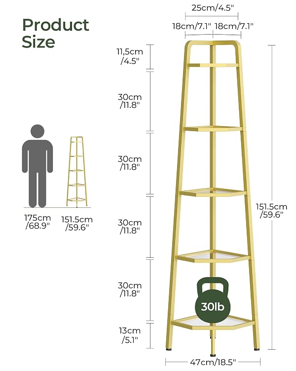 CHOEZON 5-Tier Corner Shelf, 59.6” Corner Storage Stand, Floorstanding Dispaly Rack, Tempered Glass Corner Bookshelf, Open Plant Stand, for Living Room, Bedroom, Study, Bathroom, Gold TCJ21GJ by CHOEZON - Image 9