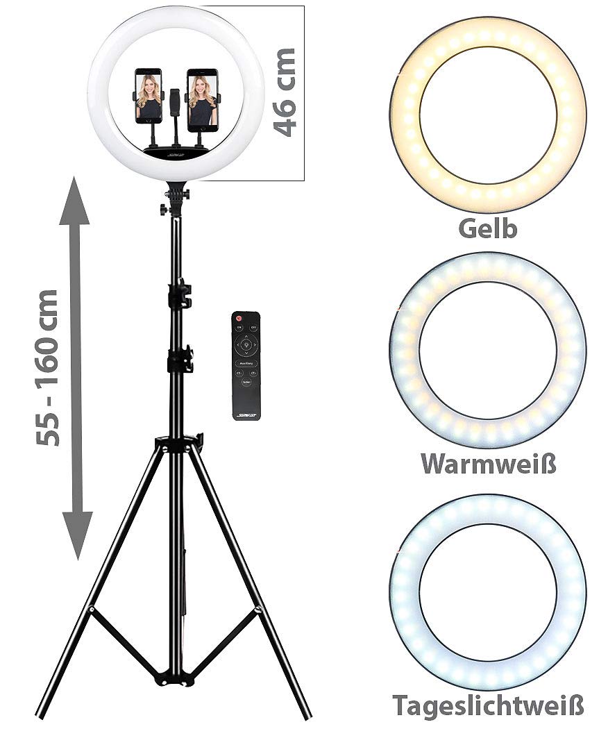 Somikon LED-Ringlicht Stativ: XL-LED-Ringlicht mit Smartphone-Halter, Ø 46 cm, Versandrückläufer (Handy Stativ, Selfie, iPad)