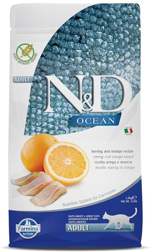 FARMINA N&D Ocean Dry Cat Food, Adult, Grain-Free, 1.5-kg, Herring and Orange