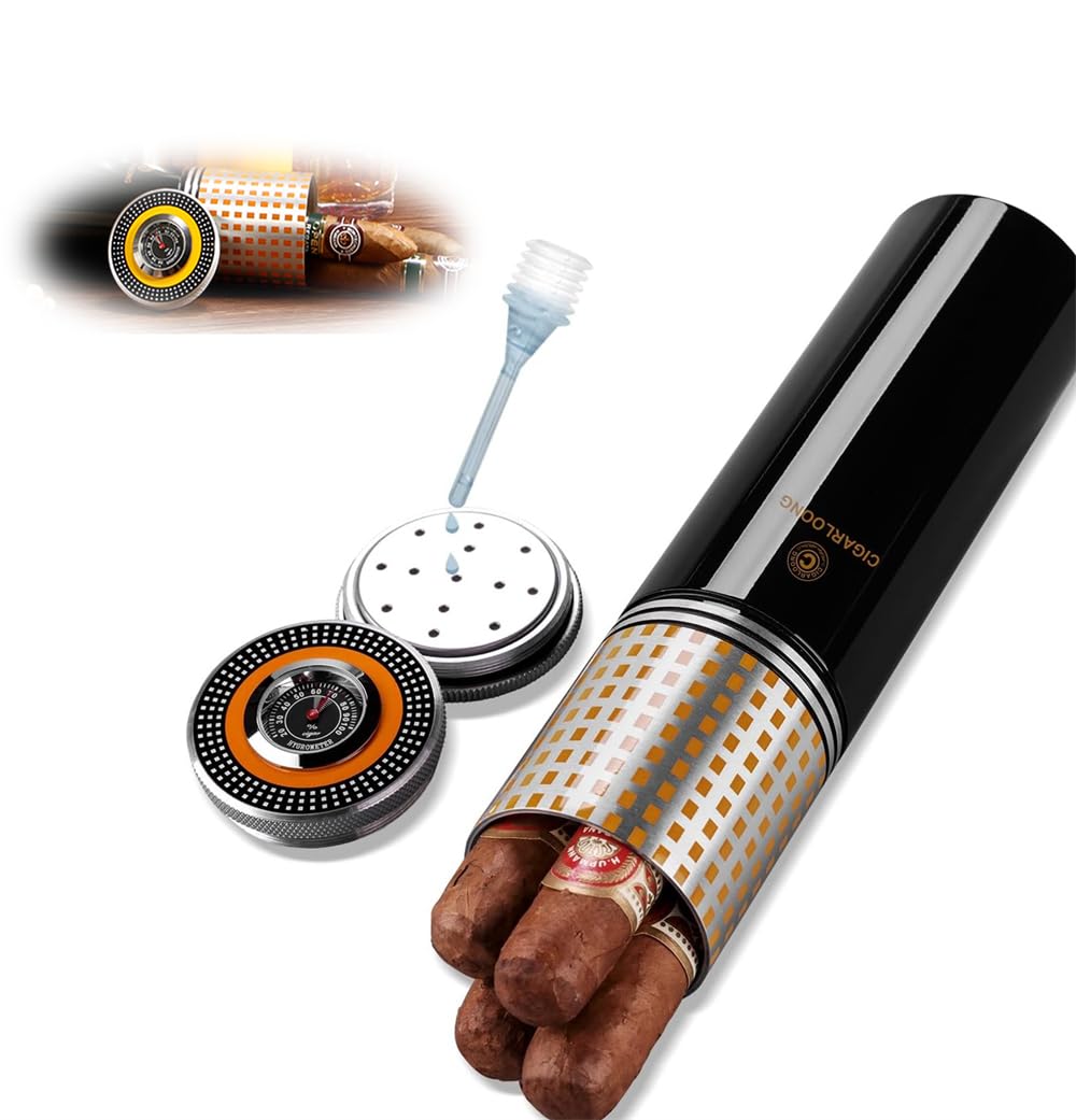 Azonee Travel Cigar Humidor Case, Metal Portable Airtight Smell Proof Cigar Box with Built-in Humidifier for Humidity Control, Holds About 4 Cigars, Black