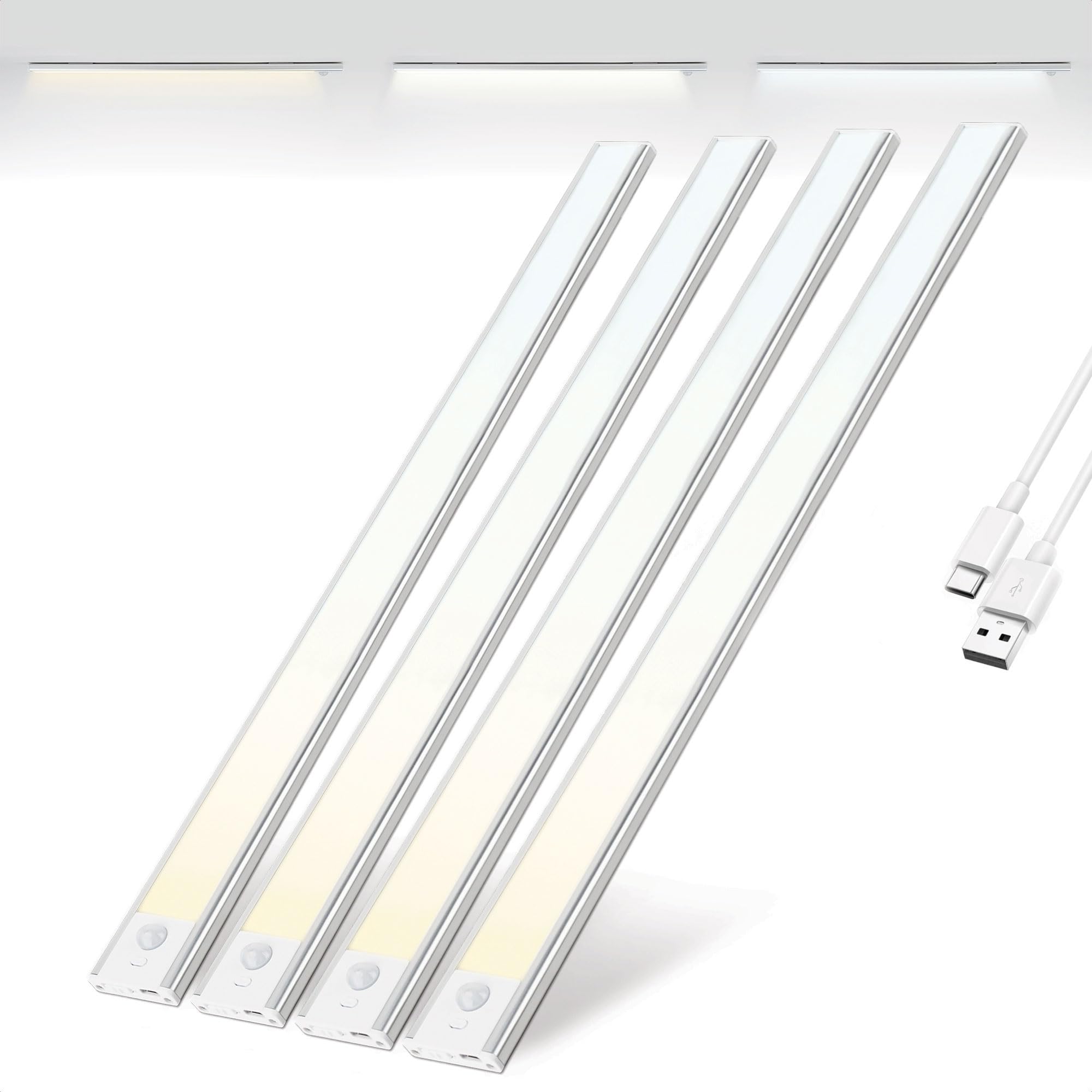Brendz Unterbauleuchte Küche LED, LED Leiste Küche, 4 x 60cm, USB-C Wiederaufladbar, 4400mAh, 3 Farbtemperaturen, Dimmbar, Magnetisch, Küchenunterbauleuchte, Küchenbeleuchtung, Puyo Silber