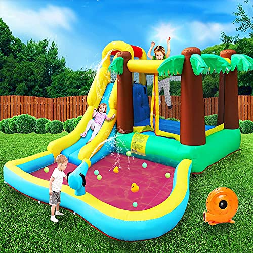 MEIOUKA Inflatable Bounce Houses Castle with 450W Blower Water Slides Ball Pool Park Jumping House Inflatable Coconut Tree Water Pool Slide Bounce House for Kids Outdoor Yard Hawaiian Party Bouncy Toy