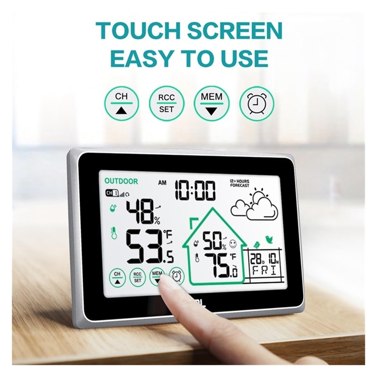 Bezprzewodowa stacja pogodowa dotykowy LCD cyfrowy zegar ścienny DCF In/Outdoor termometr higrometr Trend Comfort Forecast Sensor