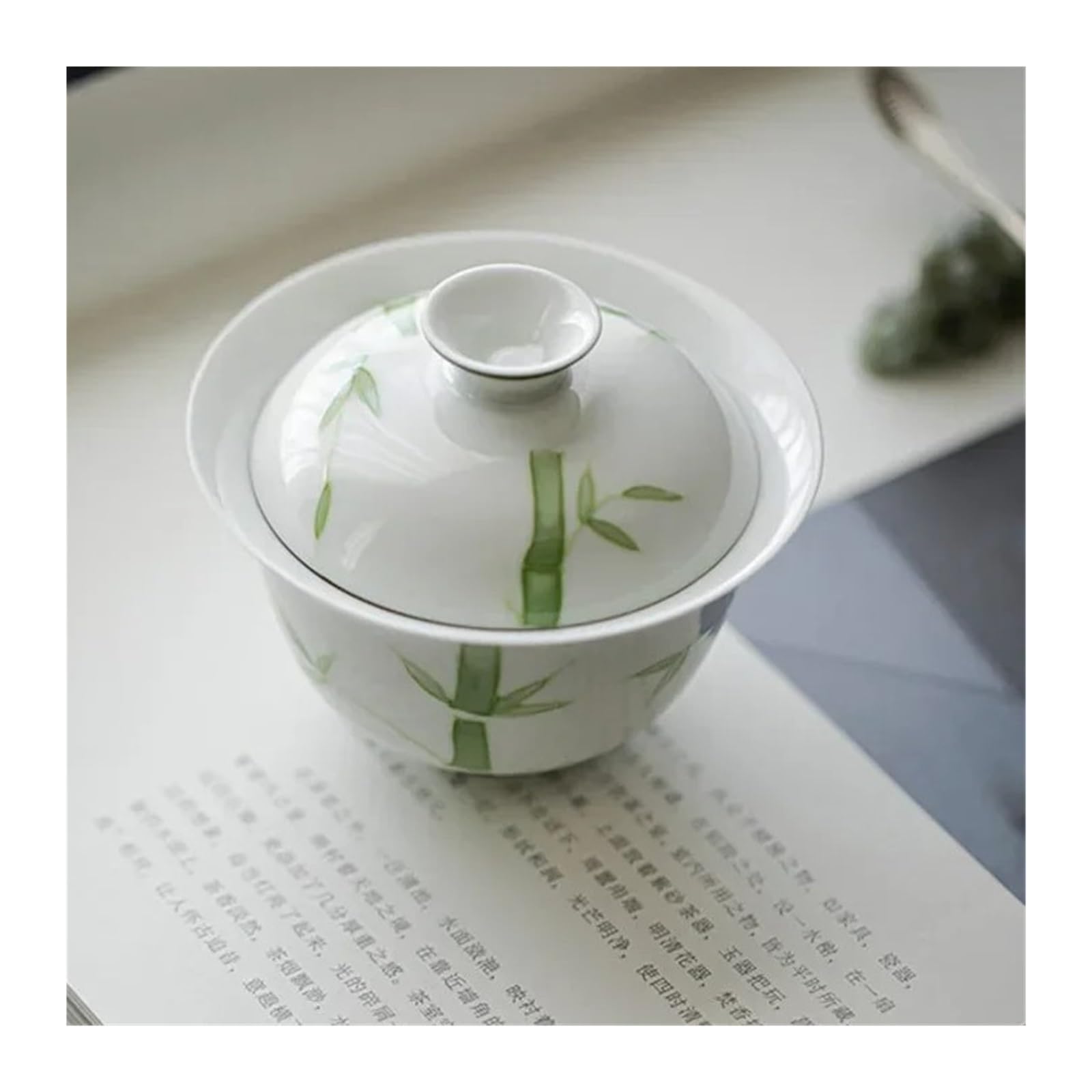 1 chinesische Teeschale aus Porzellan mit Deckel und grünem Bambus-Design