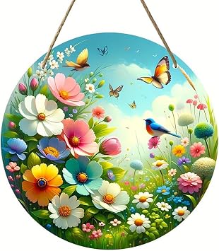 Flowers Front Door Sign Hanging Sign Farmhouse Wooden Wreath Door Hanger for Home Outdoor Indoor Front Door Decor Flower Butterfly