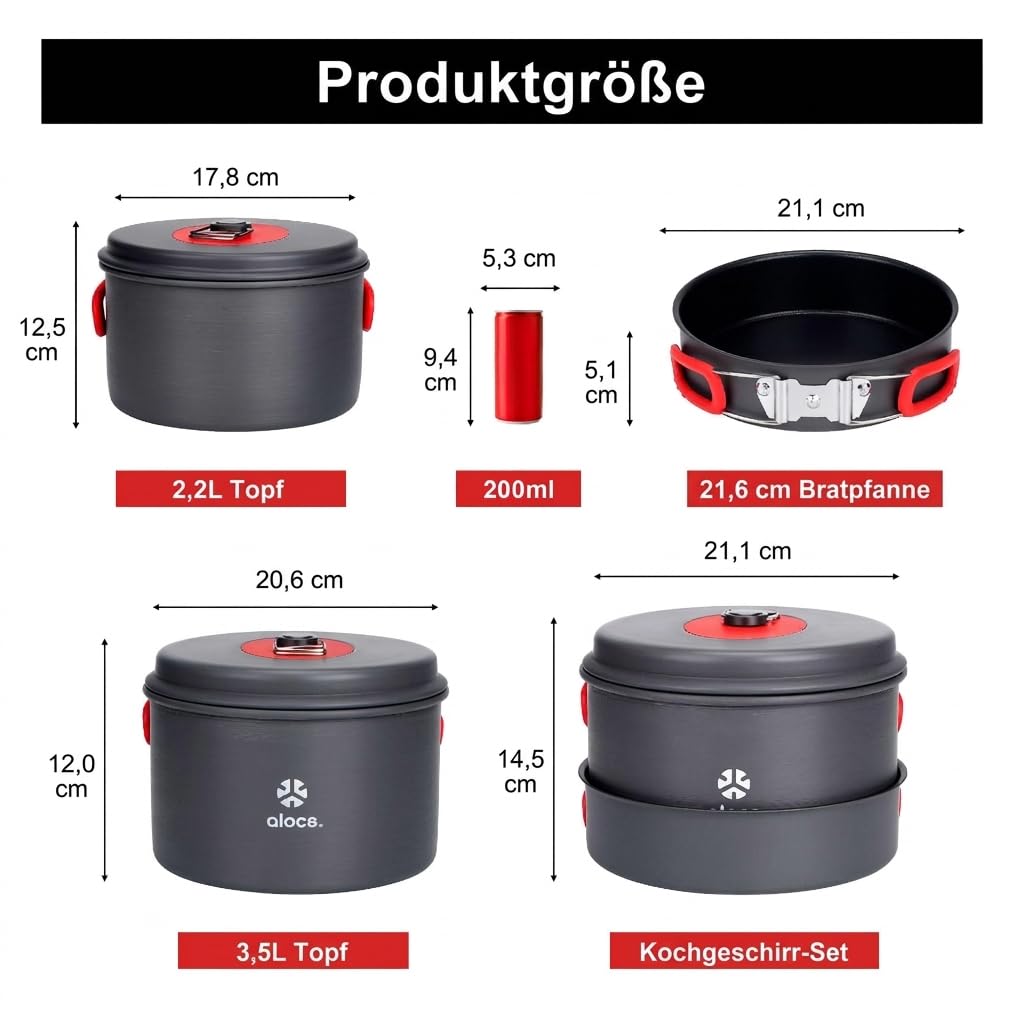 ALocs Camping-Kochgeschirr-Set, leichte Aluminiumtöpfe und -pfannen mit antihaftbeschichteter Bratpfanne, kompaktes, stapelbares Camping-Kochset zum Wandern, Trekking und Kochen im Freien