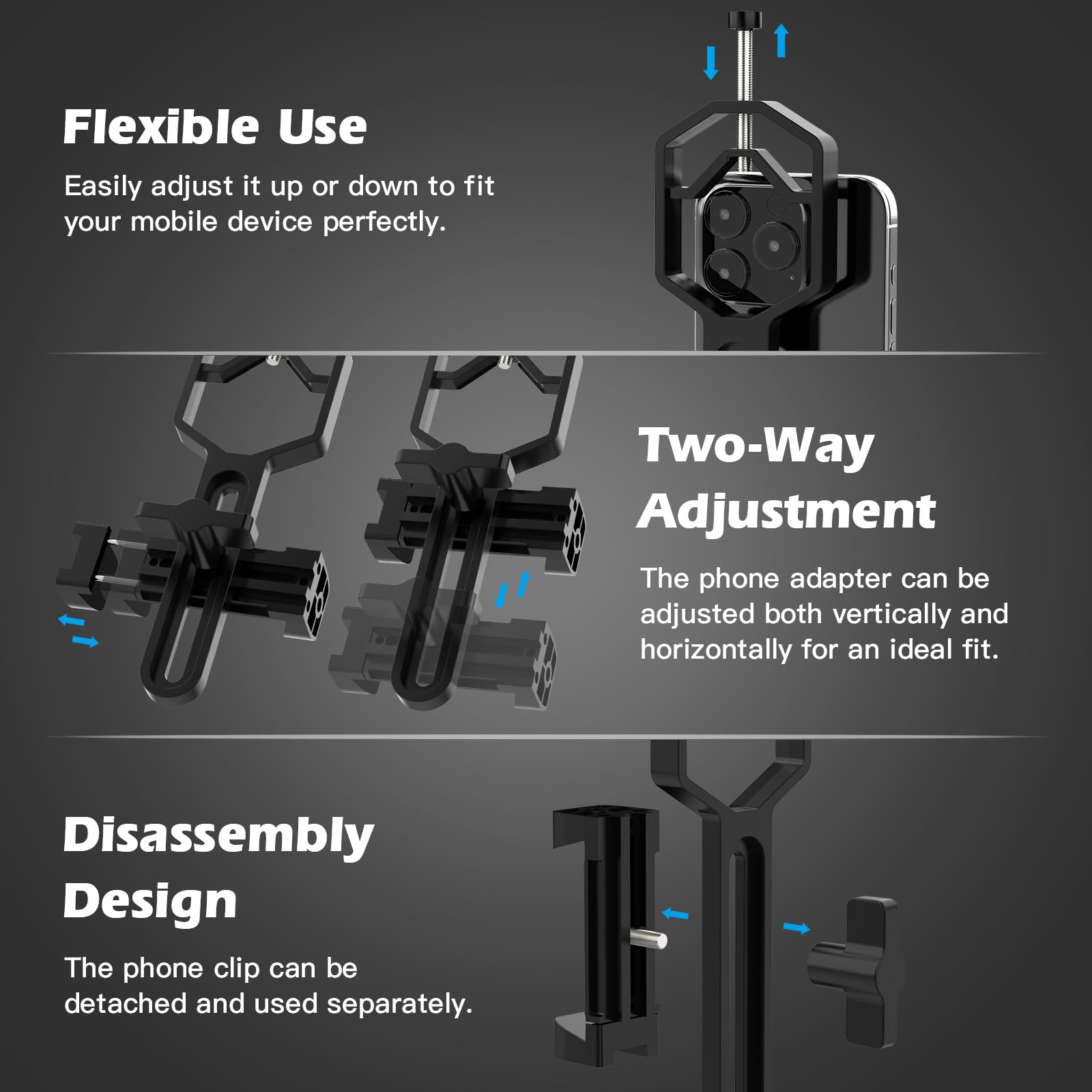 Adaptador Metálico para Telescopio y Teléfono - Soporte Universal (Ancho 5,3-9 cm) para Telescopios, Binoculares, Microscopios y Visores (Diámetro Ocular 2,4-5,2 cm)