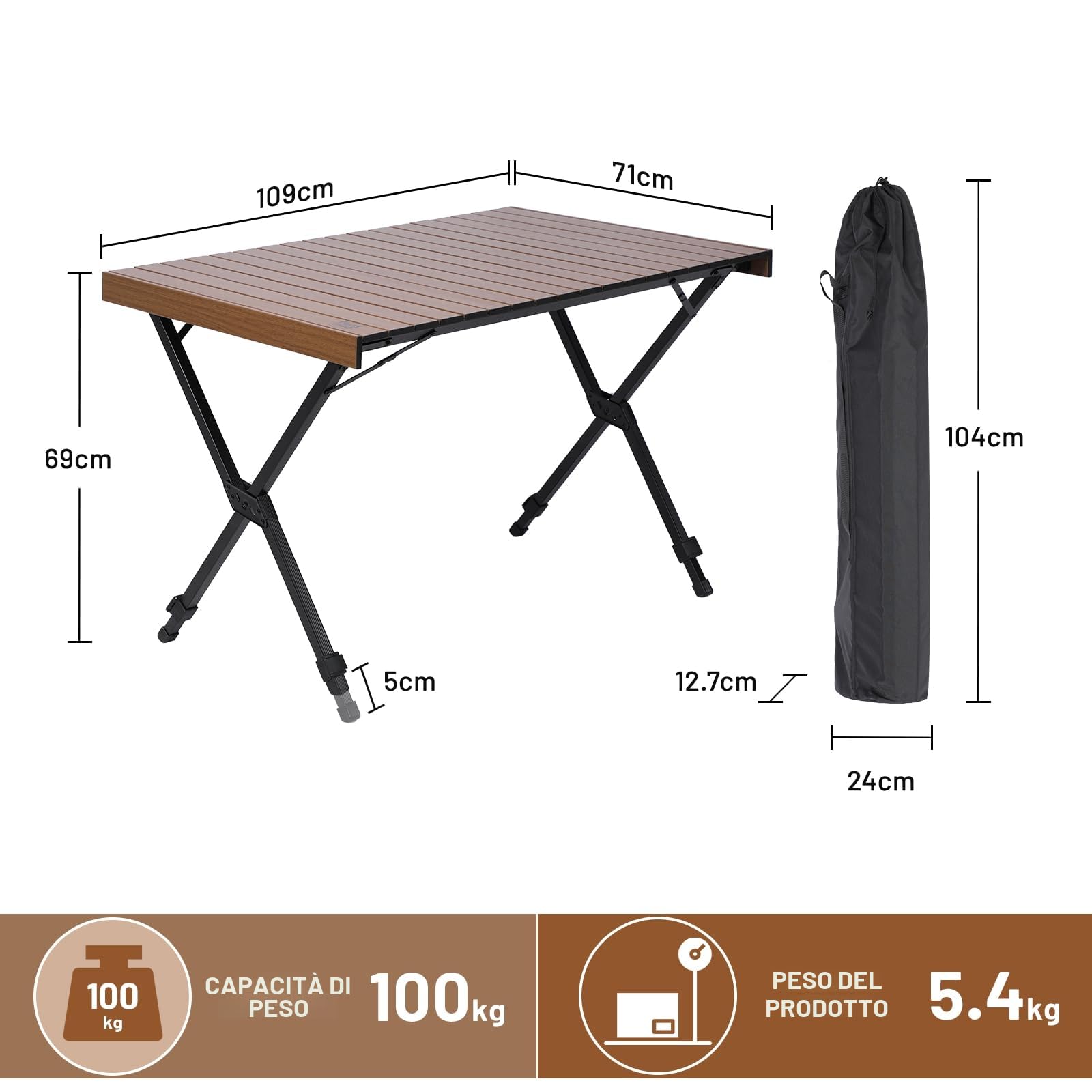 TIMBER RIDGE Tavolo da Campeggio Pieghevole Regolabile in Altezza, 4-6 persone Leggero in Alluminio per Campeggio, Picnic, Barbecue, Cortile, Feste, supporto 100 kg
