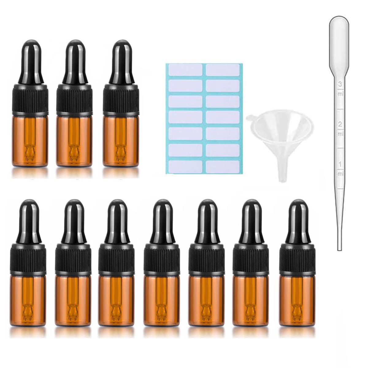 10Pcs Amber Glass Dropper Bottles With Black Caps, Measured Pipette, Funnel and Labels；2ML Glass Eye Dropper Bottles for Essential Oil Pipette Refillable