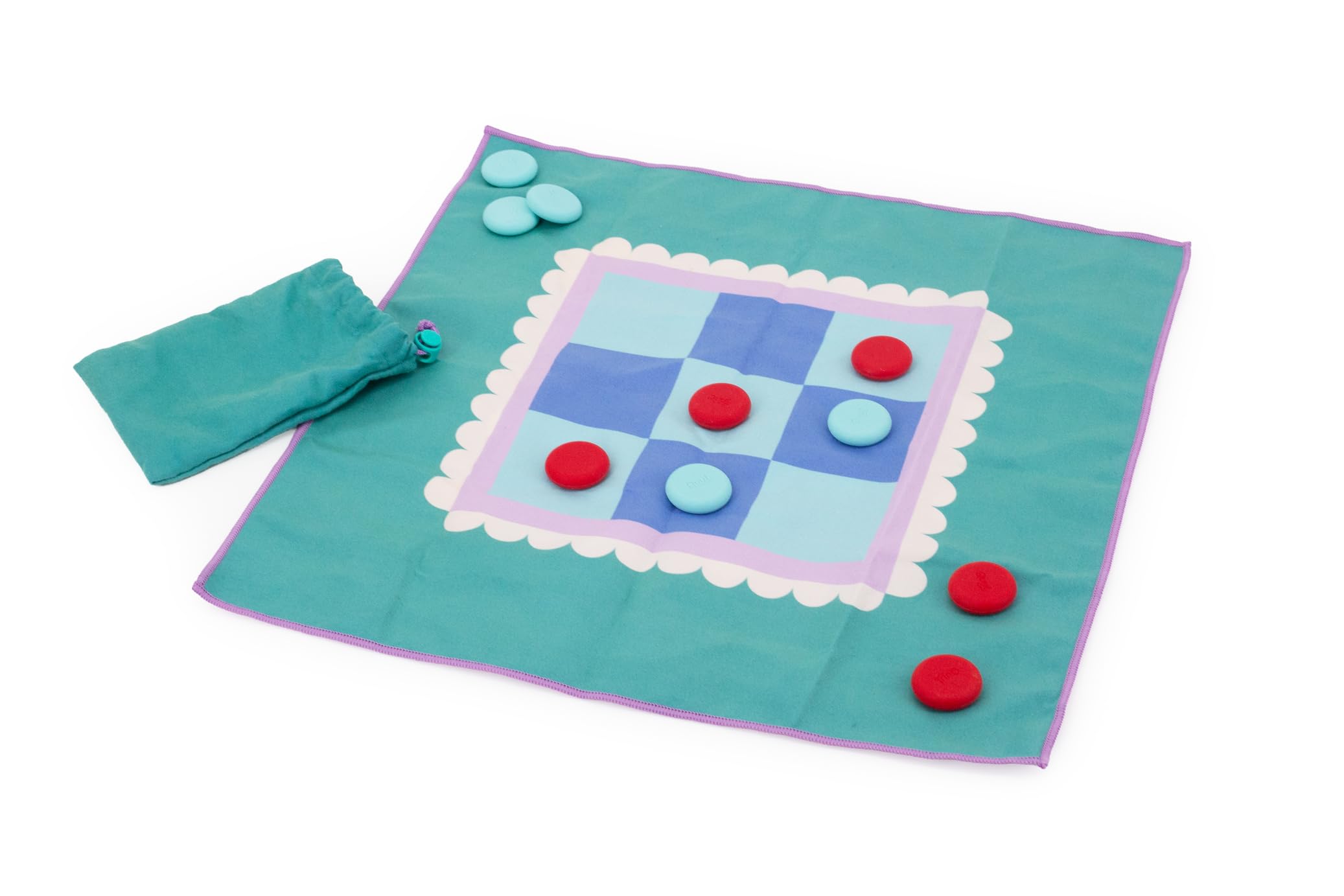 Quut - Jeu de Voyage 2 en 1 Petits Chevaux & Morpion pour Enfants dès 3 Ans - réversible - imperméable - Microfibre - 18 pions en Silicone - 2 dés - avec Pochette