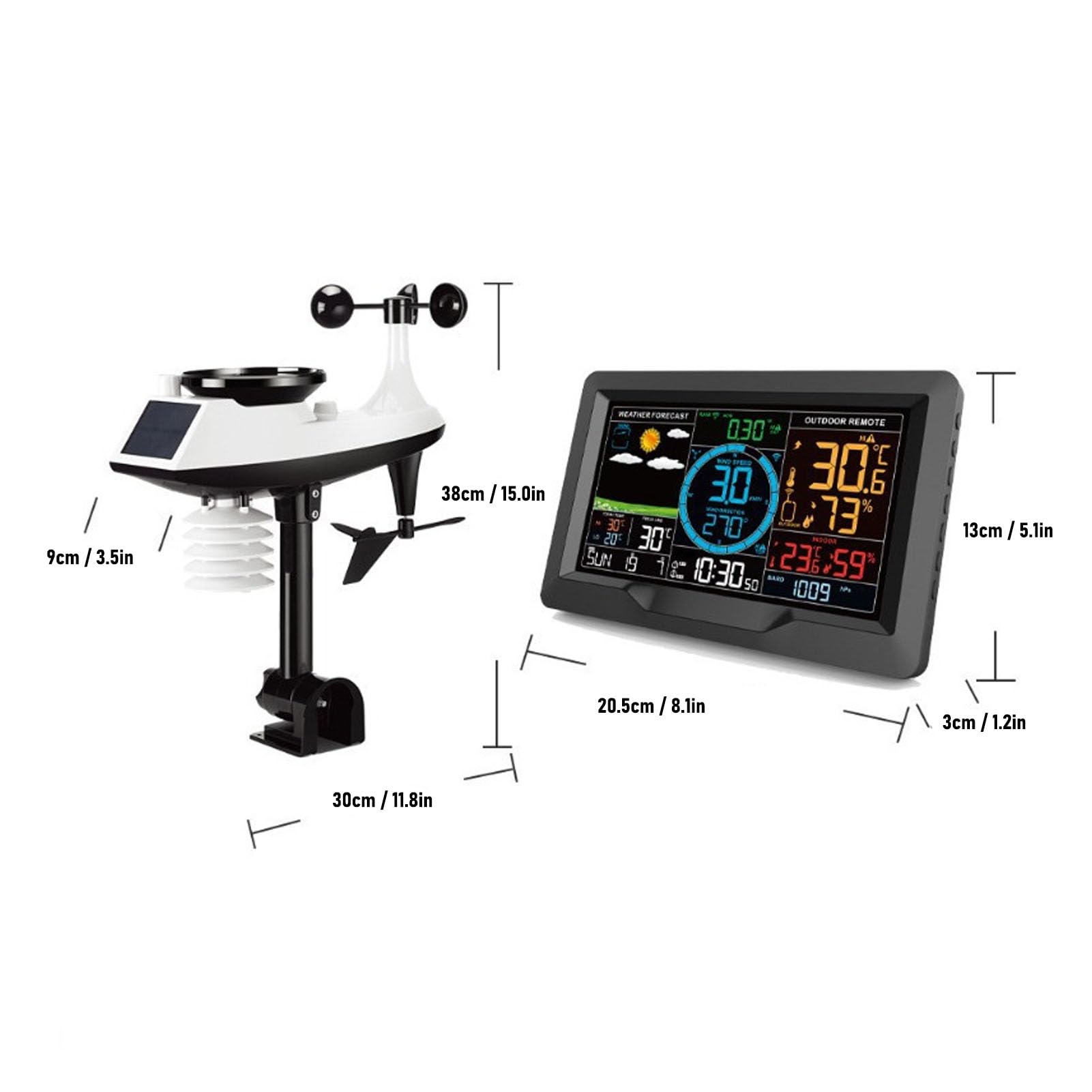 Weather Forecast Clock with Rain Gauge Wind Speed Direction Atomic Clock LCD Color Display Weather Temperature Humidity Clock for Indoor Outdoor