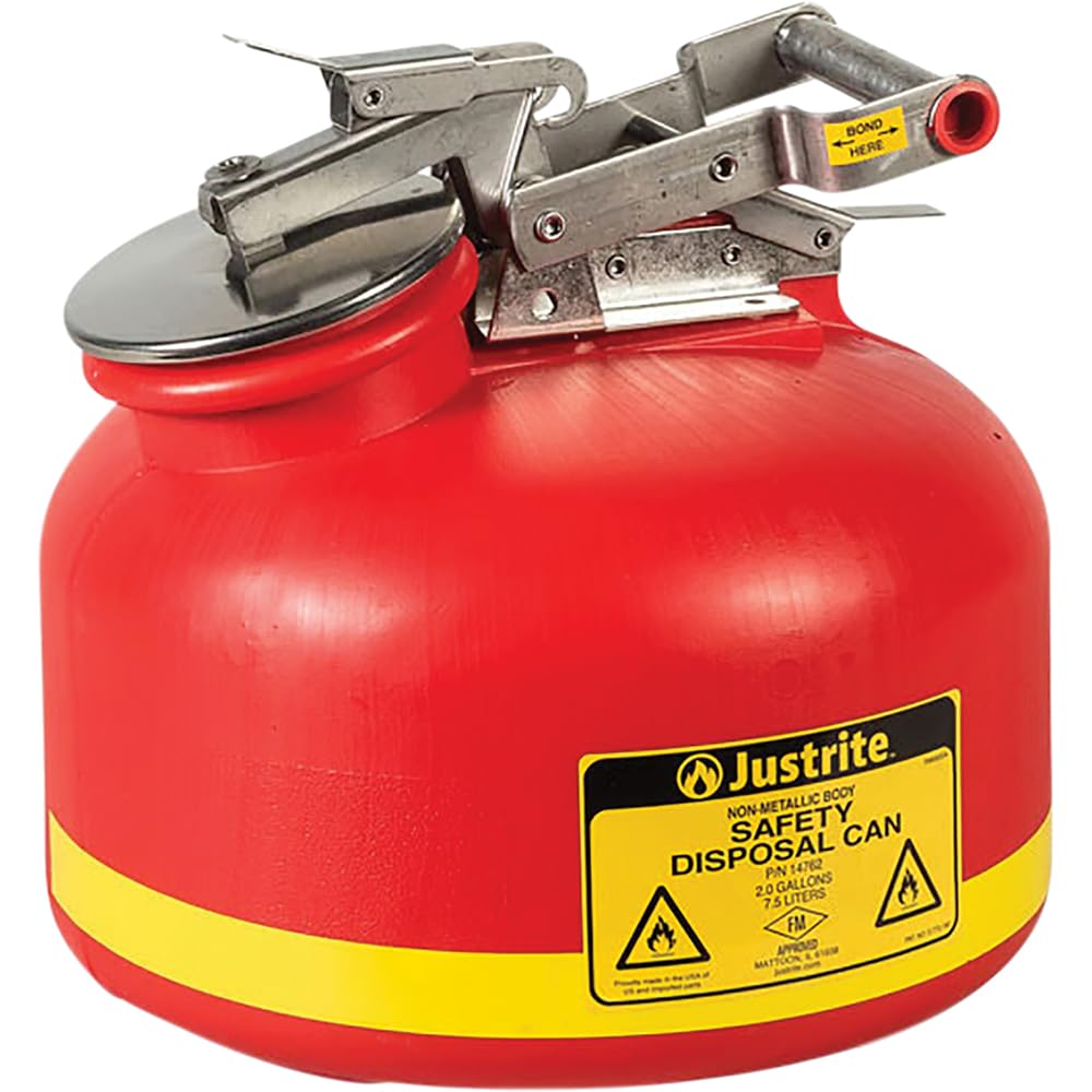 Justrite 14762 2 Gallon Capacity, 14 3/4" H, 12" O.D Polyethylene Disposal Can, Red