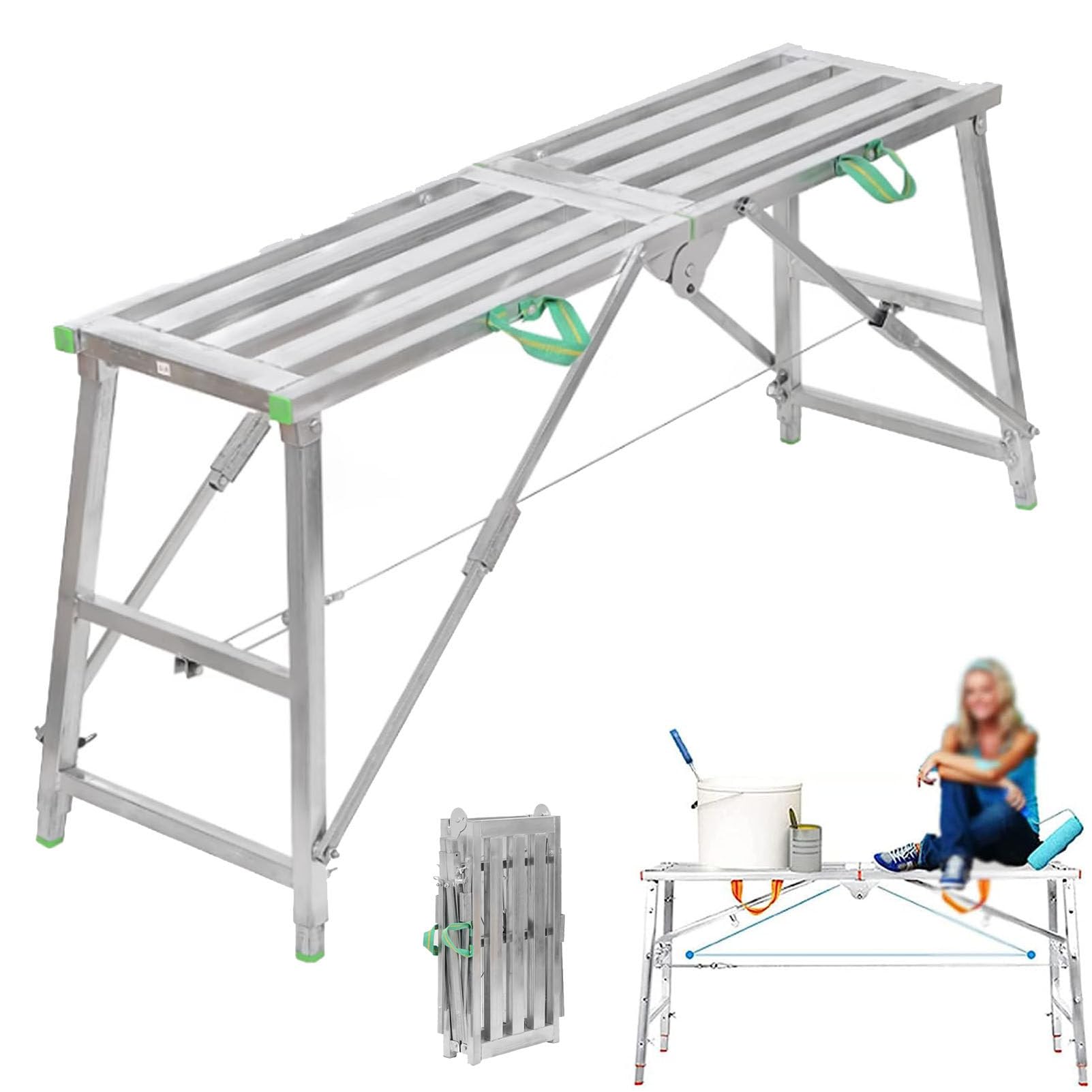 WQPMNYG Portable Folding Scaffolding Platform, 200cm Work Bench Scaffold with Adjustable Height, Multipurpose Drywall Step Ladder Stool for Home Improvement, Patching Drywall or Cleaning Windows