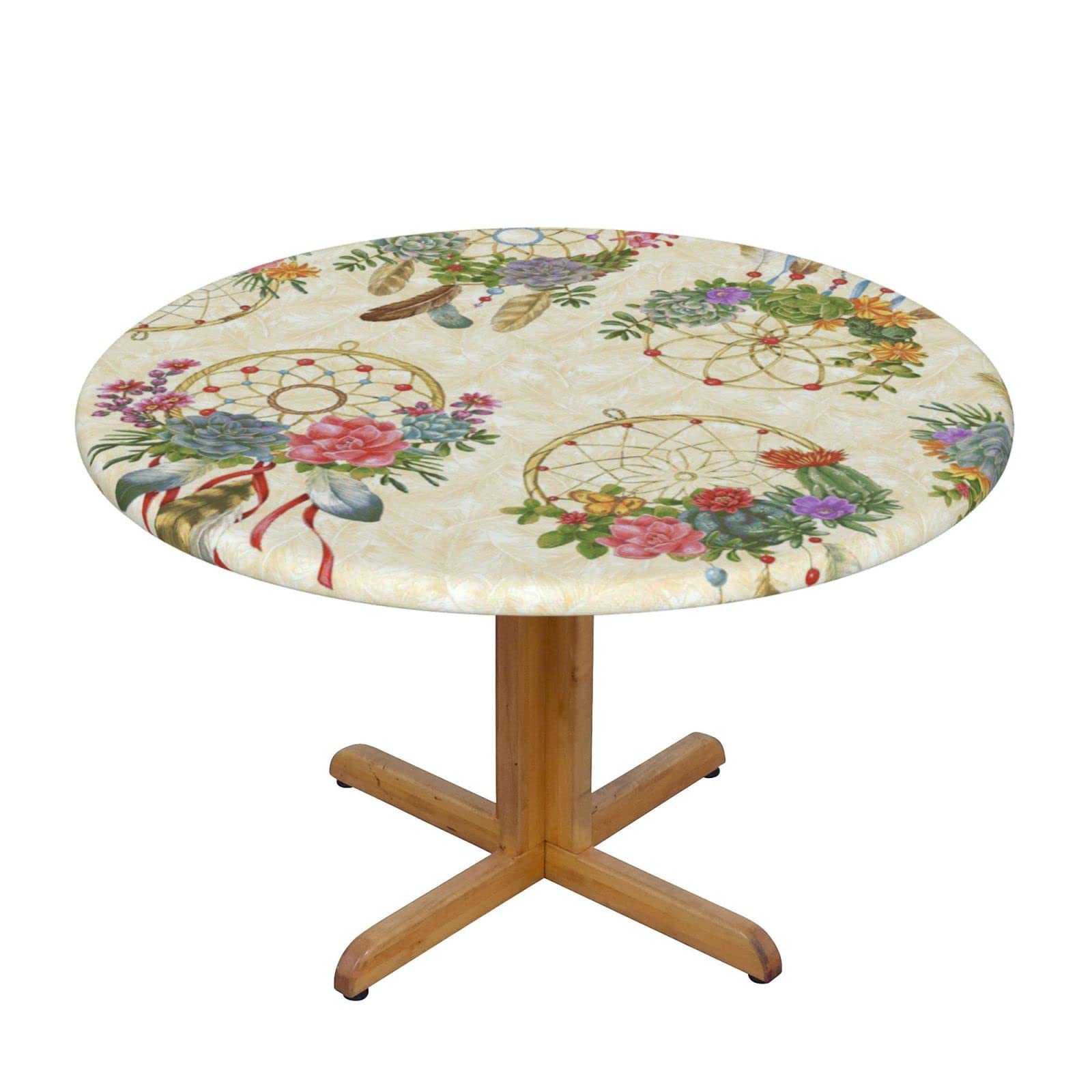 Lsjuee Round Fitted Tablecloth 40-44in Elastic Edged Table Cloth for Kitchen Dining Party Home Decor - Dreamcatchers Floral Feather Tribe