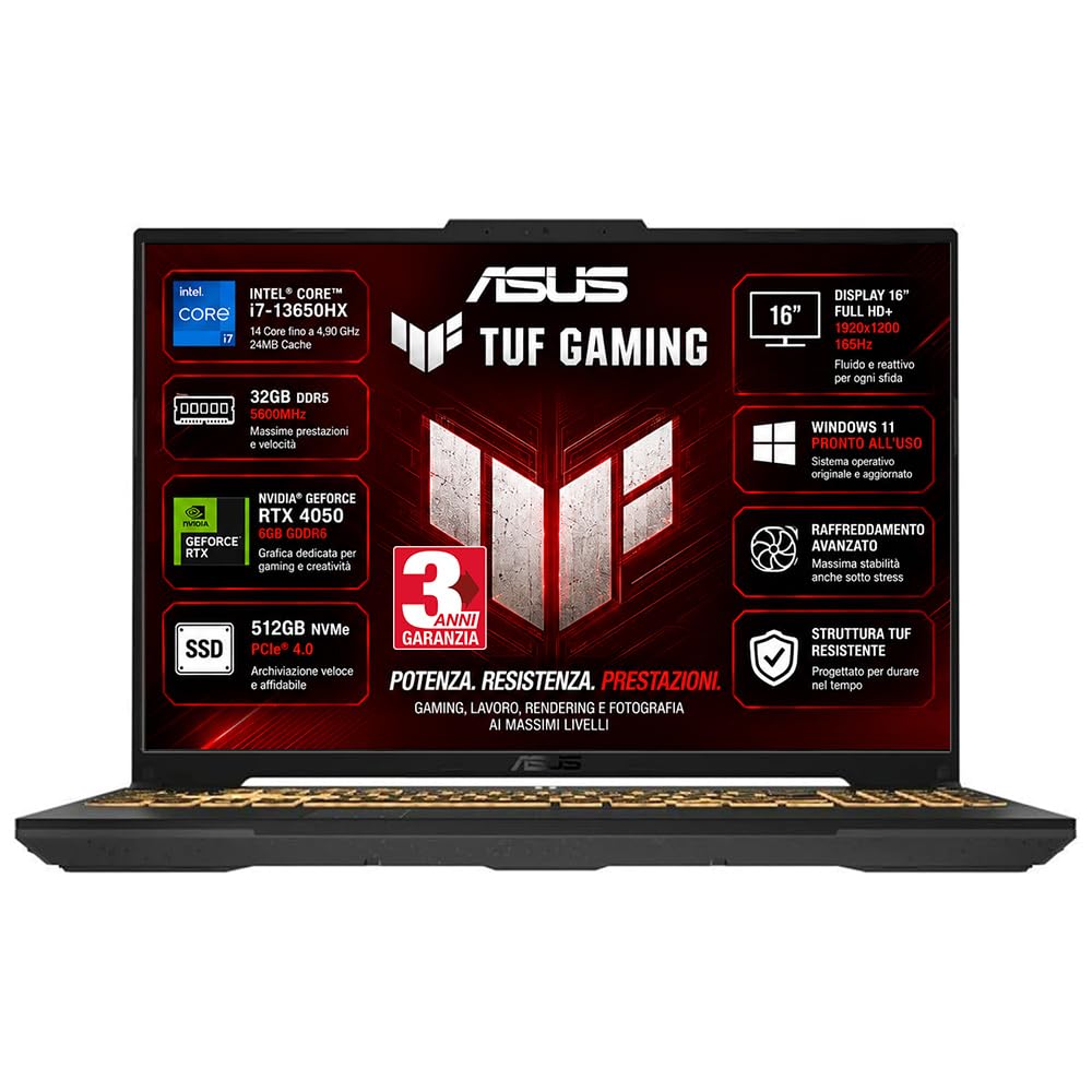 ASUS TUF Notebook Gaming Intel Core i7 13650HX Display 16" FullHD+ | 14 Core fino a 4,9 GHz, RAM 32 GB DDR5, NVIDIA GeForce RTX 4050, SSD NVMe 512 GB, 165Hz Win 11 Pronto all'Uso