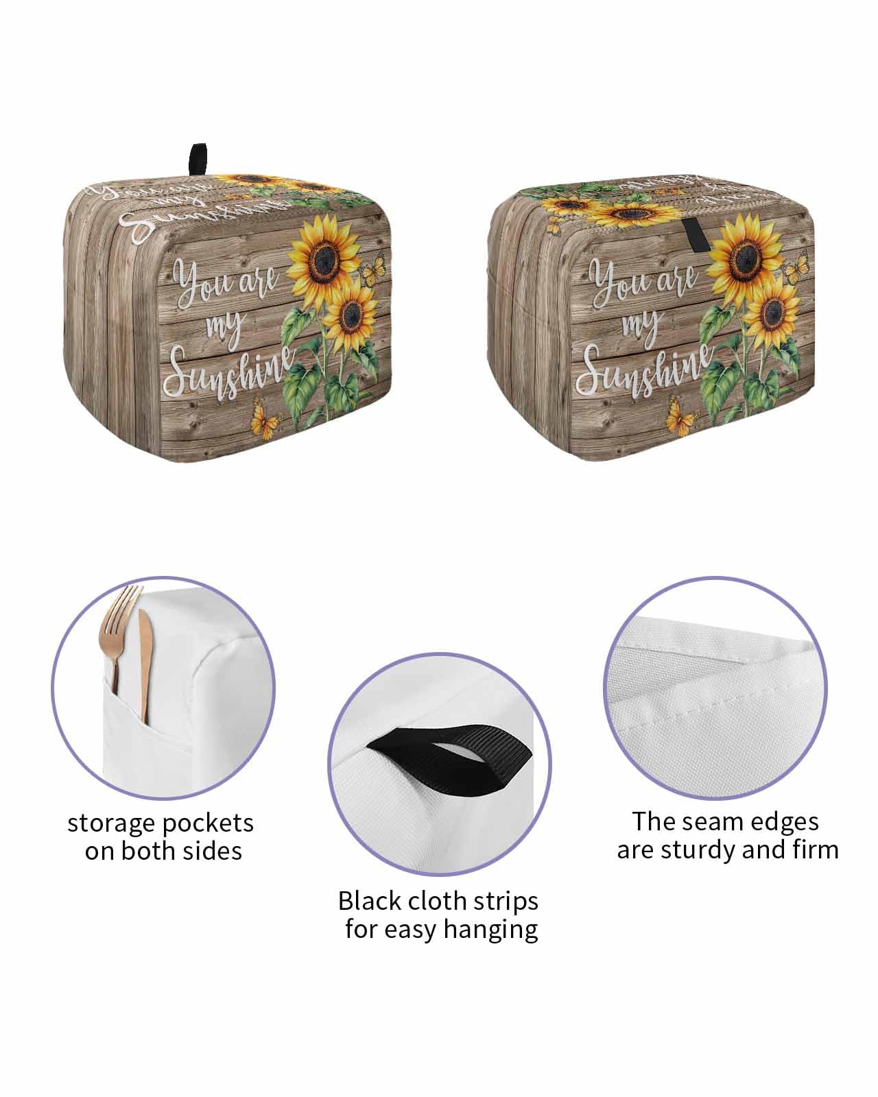Yellow Sunflower Toaster Cover 2 Slice, Butterfly Sunshine Brown Farmhouse Wood Dustproof Bread Machine Oven Cover with Storage Pockets, Fits Most Kitchen Toasters Protector