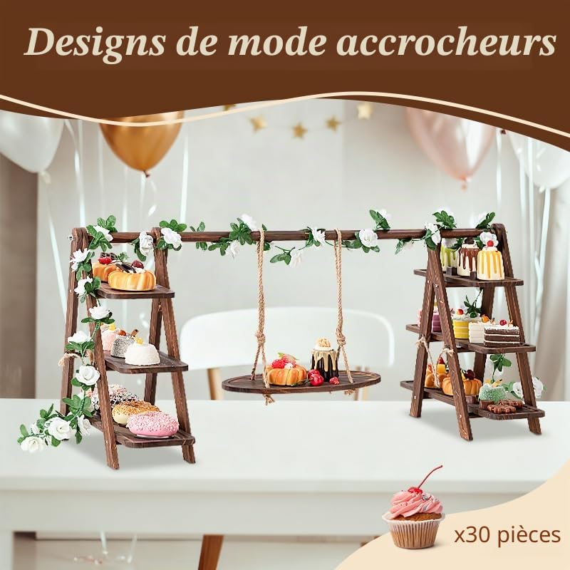 Présentoir à Cupcakes en Bois, présentoir à gâteaux 3 étages, étagère en d'acacia 3 étages en Bois pour Aliments, Structure Pliable - Pliable | pour Anniversaire, goûter, fête, Mariage