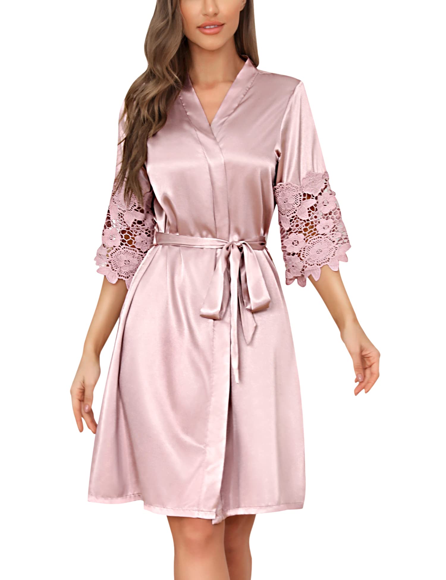 RSLOVE Mujeres albornoz de satén Encaje Trim Kimono Bata de Novia Vestido de Novia Largo para la Boda