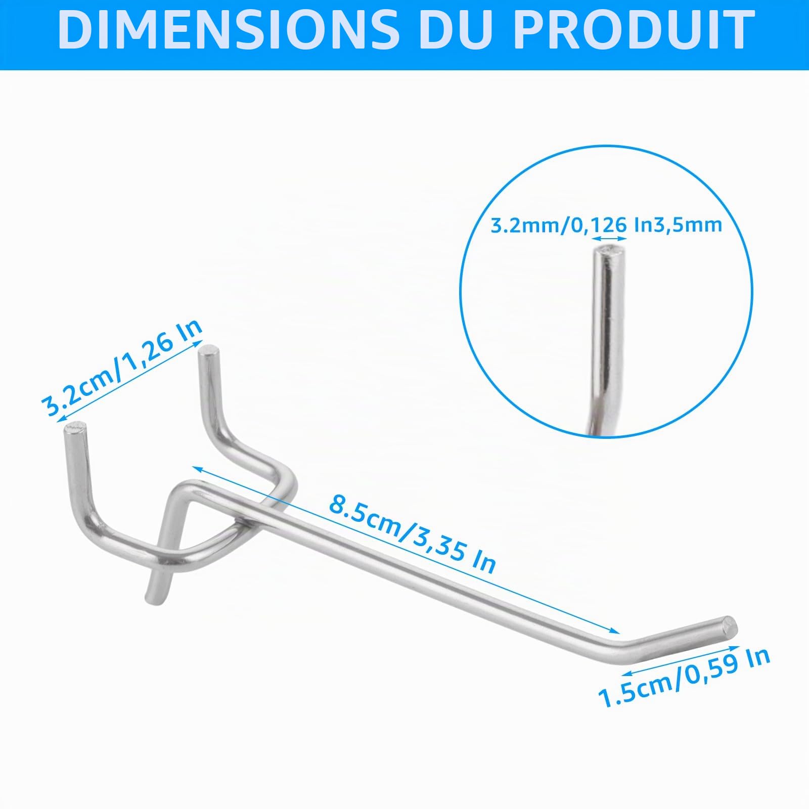 Lot de 100 Crochets pour Panneau Perforé (Pegboard), 10 cm, Ø 3.5 mm, 3.2 cm d'Écartement, Porte Mural Garage Atelier, Charge Max 3 kg