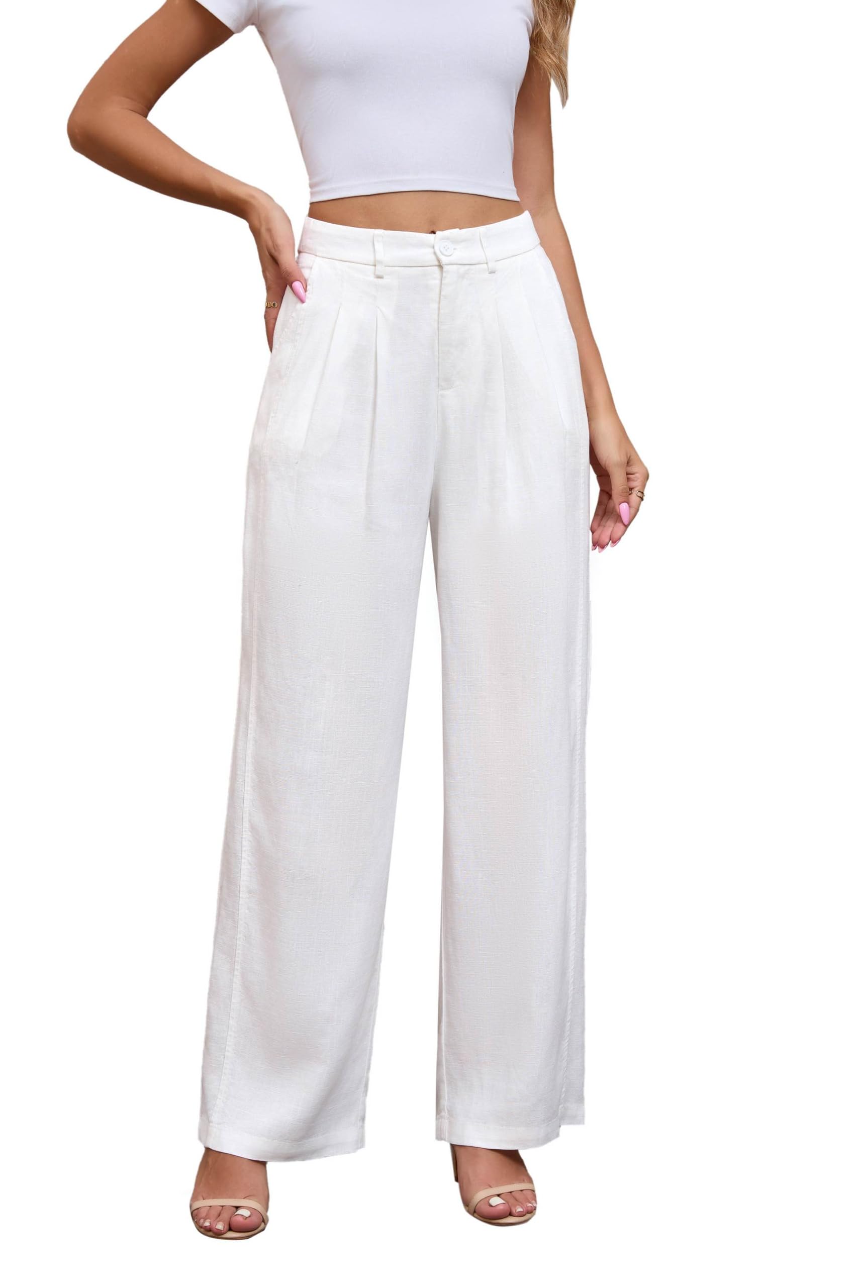 Love Welove Fashion Linen Pants Women, 100% Linen Wide Leg Pants with Elastic Back Waist