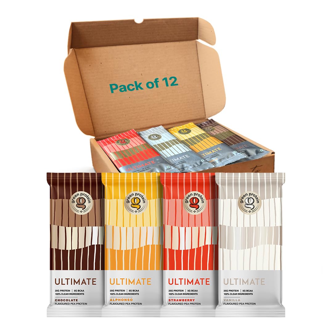 GREEN PROTEIN Ultimate Plant Protein Isolate Powder 25gm Protein, 5g BCAA Per Serving, No Added Sugar | Utlimate Multipack (Pack of 12) Chocolate, Alphonso, Strawberry, Vanilla-image-46