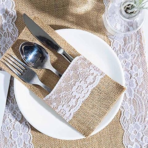 ARKSU Burlap Lace Utensil Holders 50 Packs Silverware Cutlery Pouch Knifes Forks Bag for Vintage Natural Wedding Cover
