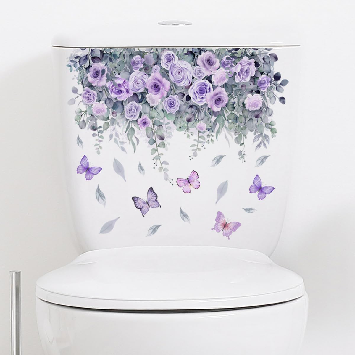 Botanical Bathroom Stickers with Purple Roses, Waterproof Removable Decals for Toilet Lid Decor, Floral Butterfly Home Upgrade, Rental Friendly Adhesive Art (3.5x3.5 Inch)
