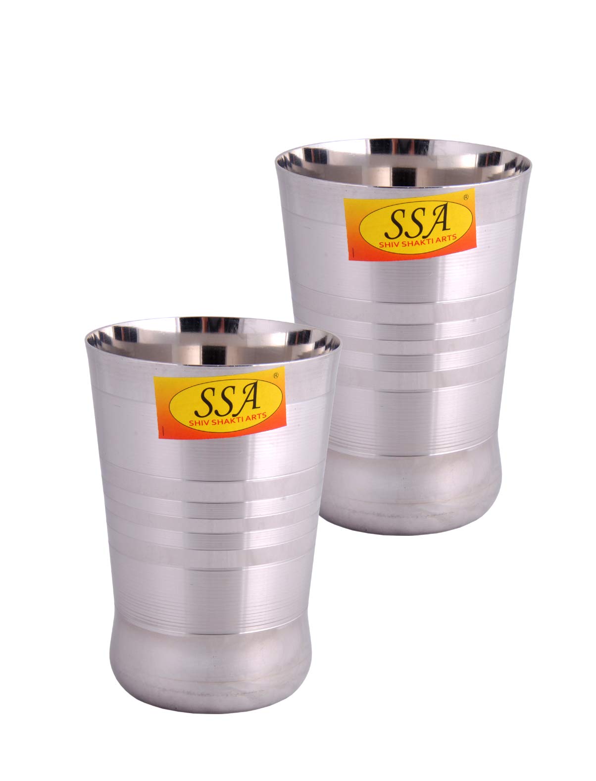 SHIV SHAKTI ARTS Curved Base Stainless Steel Silver Touch Design Glass, 300 ML Set of 2, Water Milk Tea Lassi Glass, Tumbler