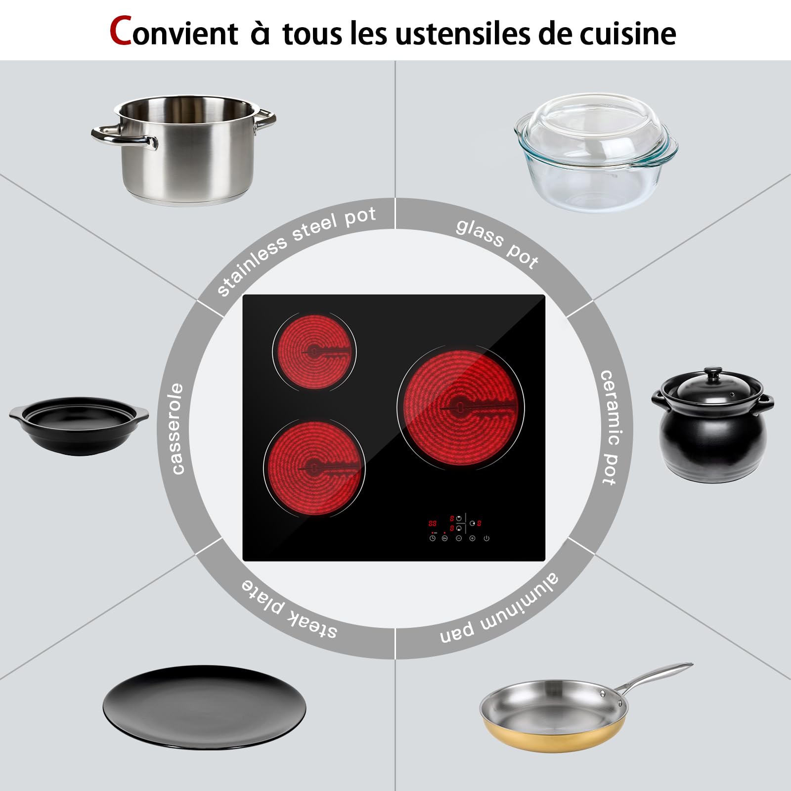 IsEasy Plaque Vitrocéramique 3 Feux Encastrable 60cm 5500W Minuteur 9 Niveaux de Puissance