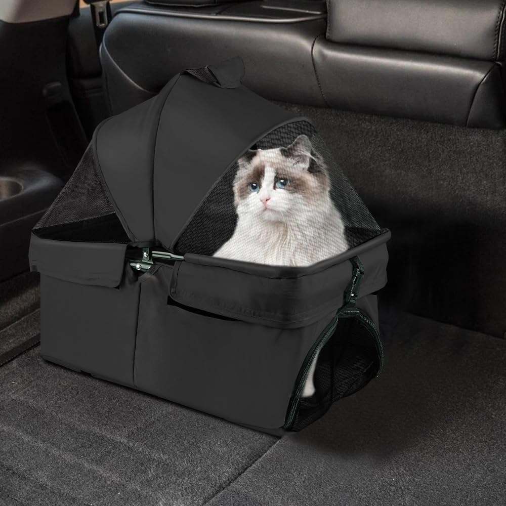 Wózek dla psa i kota 2 w 1, składany wózek dla kota ze zdejmowaną gondołką, składany wózek dla psa, poduszka, smycz bezpieczeństwa, do 20 kg, 50 x 65 x 99 cm, czarny