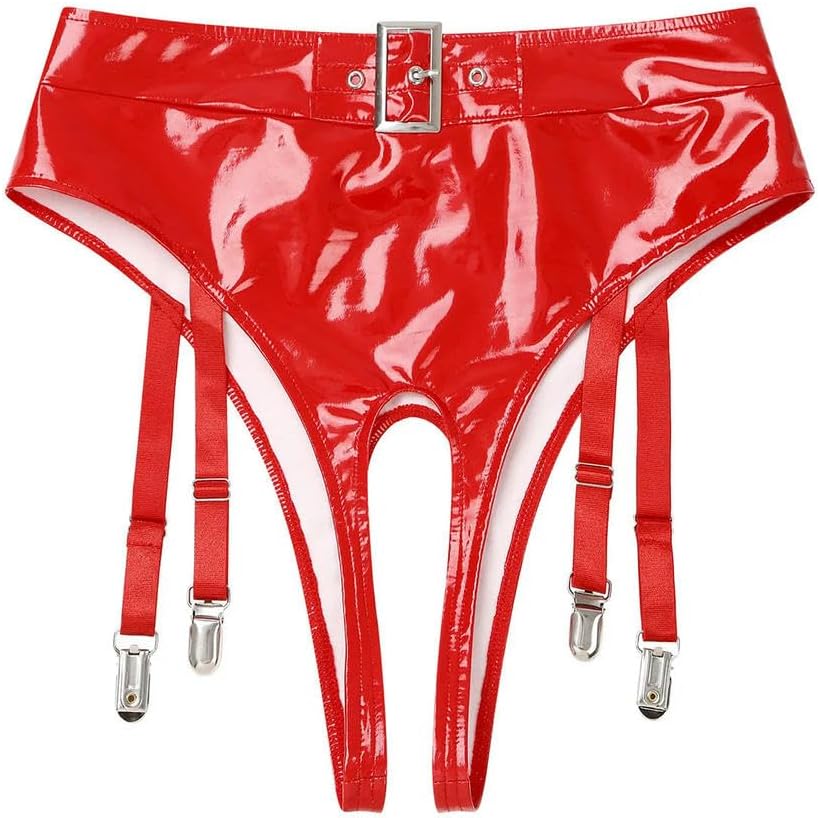 Womens Crotchless Panties Leather Underwear with Garter Clips High Waist Thongs Lingerie Underpants
