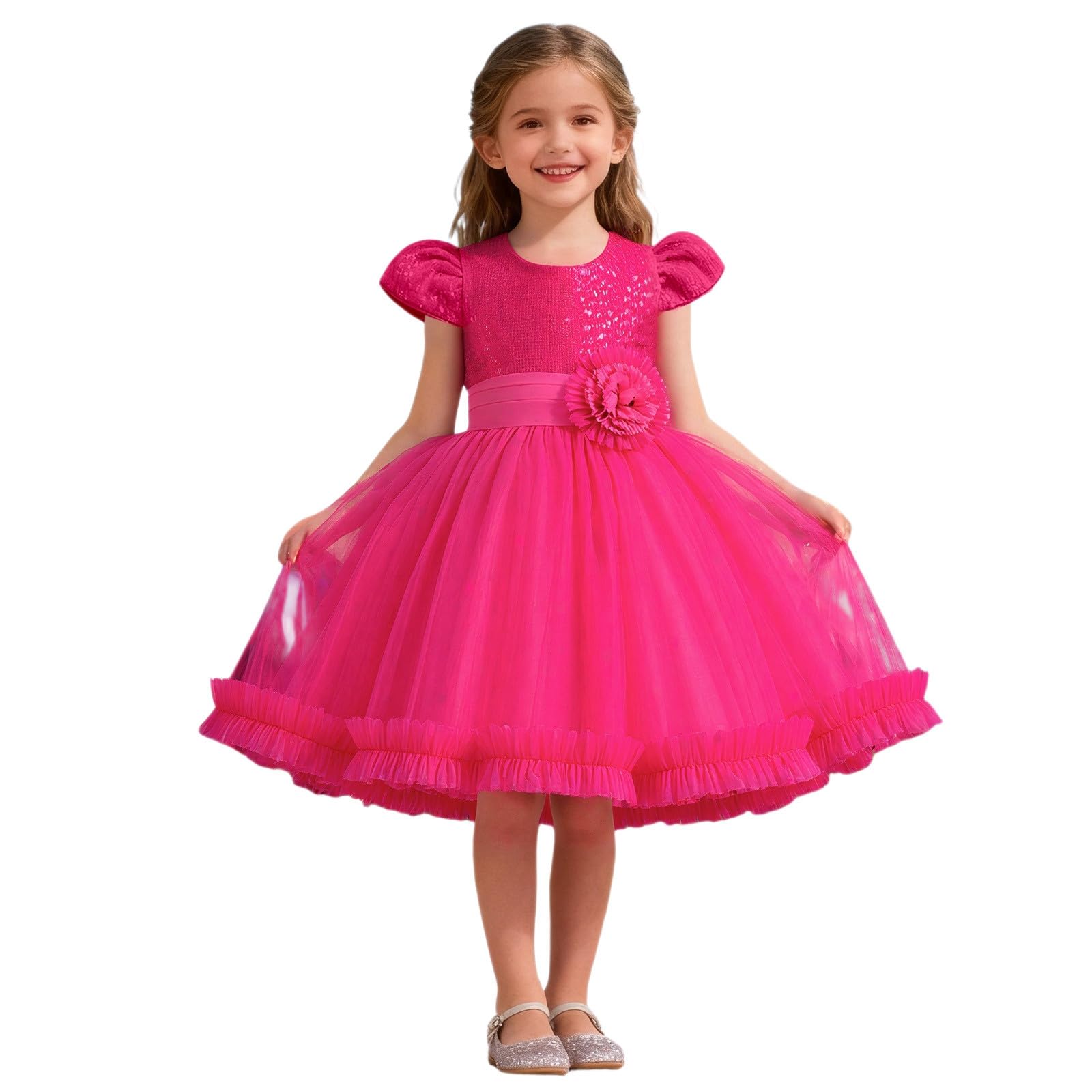 HLTYGWX Kleider Mädchen Kleider Kleider Rock Funkelndes Blumen-Partykleid für Mädchen Kurzarm Tutu-Kleid mit Glitzerdekorationen für Festliche Anlässe