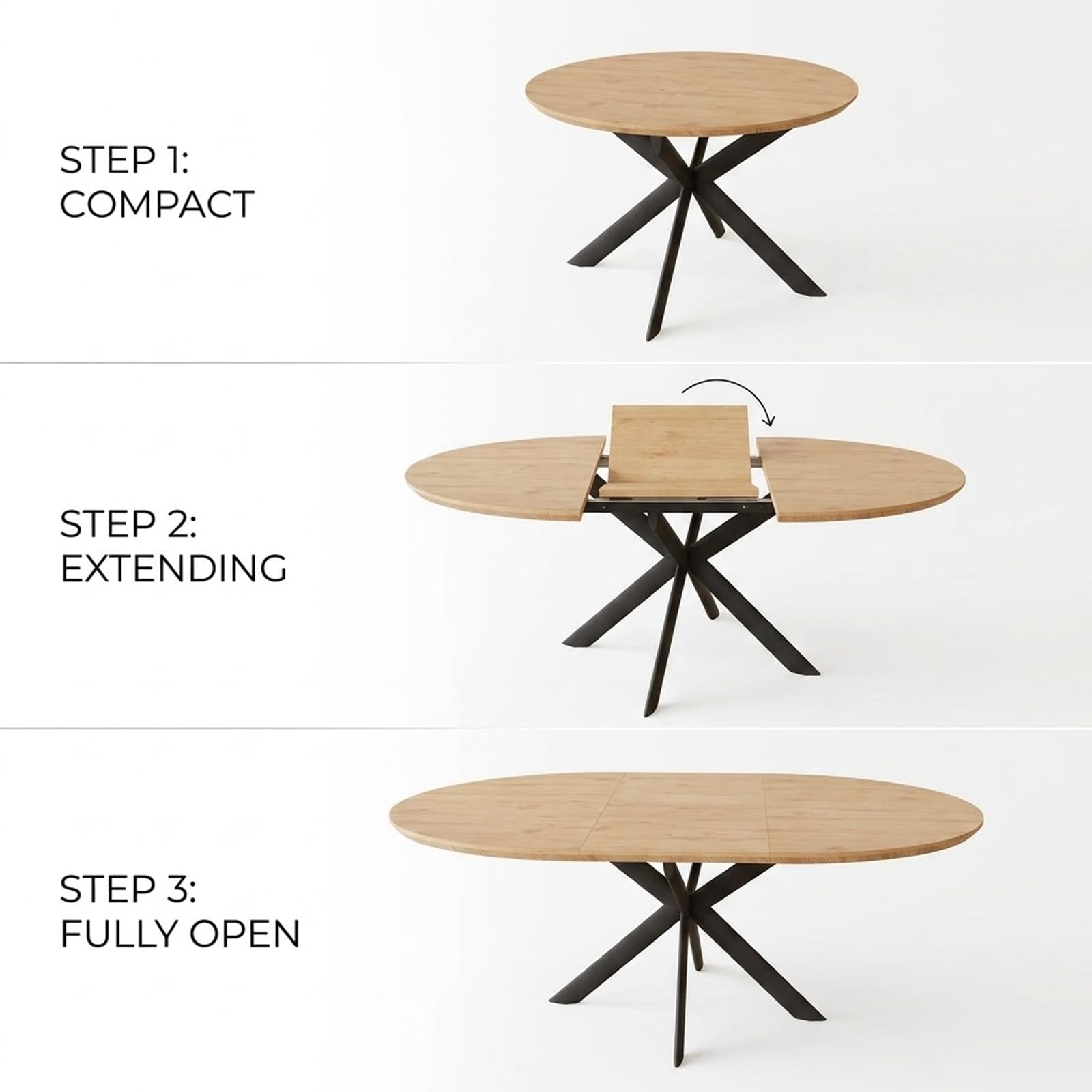 JIEXI Set tavolo da pranzo rotondo allungabile 110 x 150 cm, finitura rovere, piano rotondo in MDF, stile moderno e contemporaneo, per sala da pranzo e cucina
