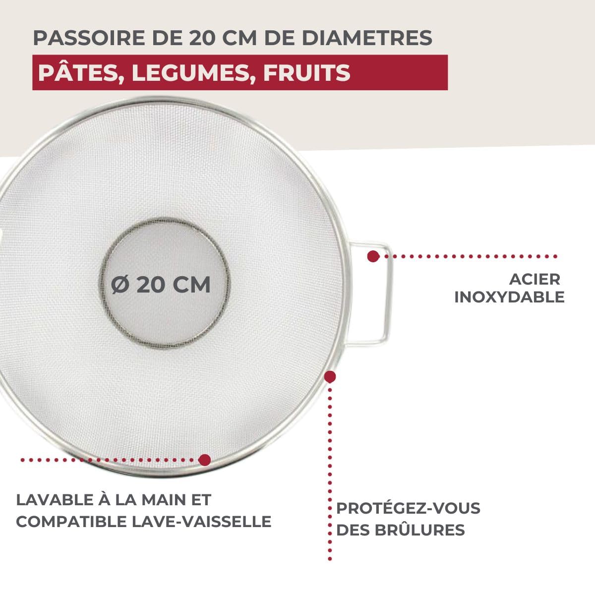 Gros plan sur la maille fine du tamis Fackelmann 28331, idéale pour retenir les petits grains.
