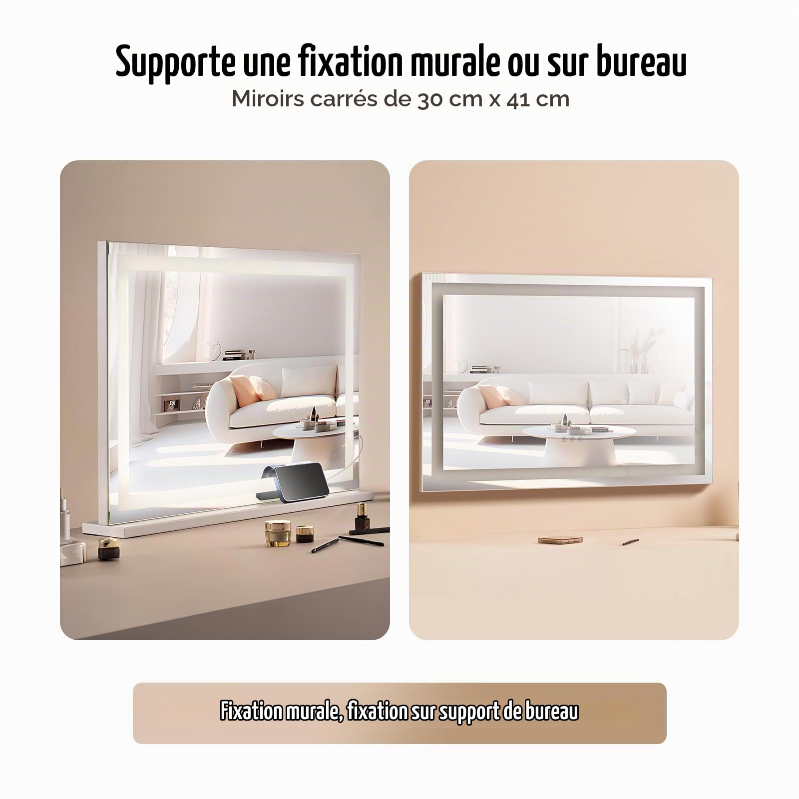 VEVOR Miroir de Maquillage Lumineux, 3 Modes Éclairage de Couleur, Grand Miroir Cosmétique Studio Lumière LED, Miroir Grossissant 5X, Port USB, Contrôle Tactile Intelligent, avec Support, 797x547 mm