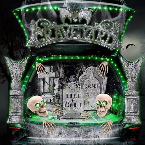 Halloween Trunk or Treat Car Decoration Kit, Tombstone Trunk or Treat Decorations for SUV with LED Lights, Halloween Archway Garage Decorations Outdoor for Car Garage Door Entryway