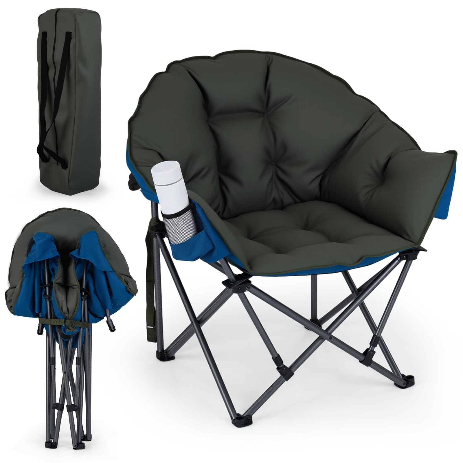 COSTWAY Oversized Folding Camping Chair, Padded Moon Chair with Cup Holder & Carry Bag, Heavy Duty 227KG Load, Portable Outdoor Leisure Chair for Garden, Beach, Fishing, Picnic & Travel (Dark Green)