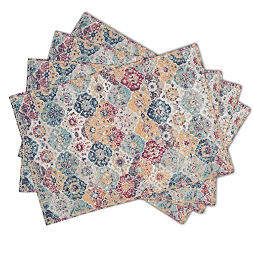 Image of Ethnic Boho Placemats Set of 4 Bohemian Carpet Vintage Rust Coral Floral Carpet Linen Washable Kitchen Dining Table Mats Stain Heat-Resistant Desktop Decor Place Mats 12x18 in