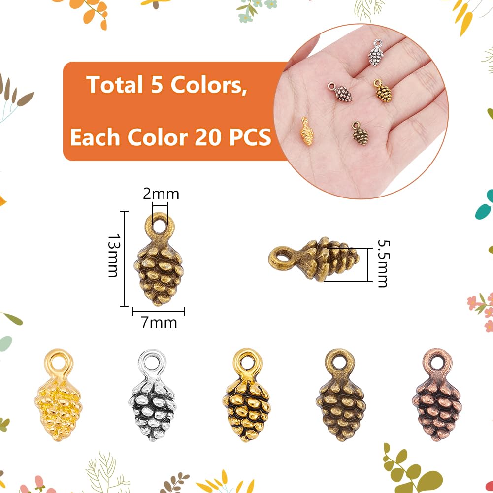 UNICRAFTALE about 100Pcs Bulk Tiny Pine Cone Charms 5 Colors Tibetan Style Alloy Pinecone Pendants Christmas Charms Beads Pendants Fall Autumn Harvest Charm Bracelet Charm for Crafts Jewelry Making - Image 3