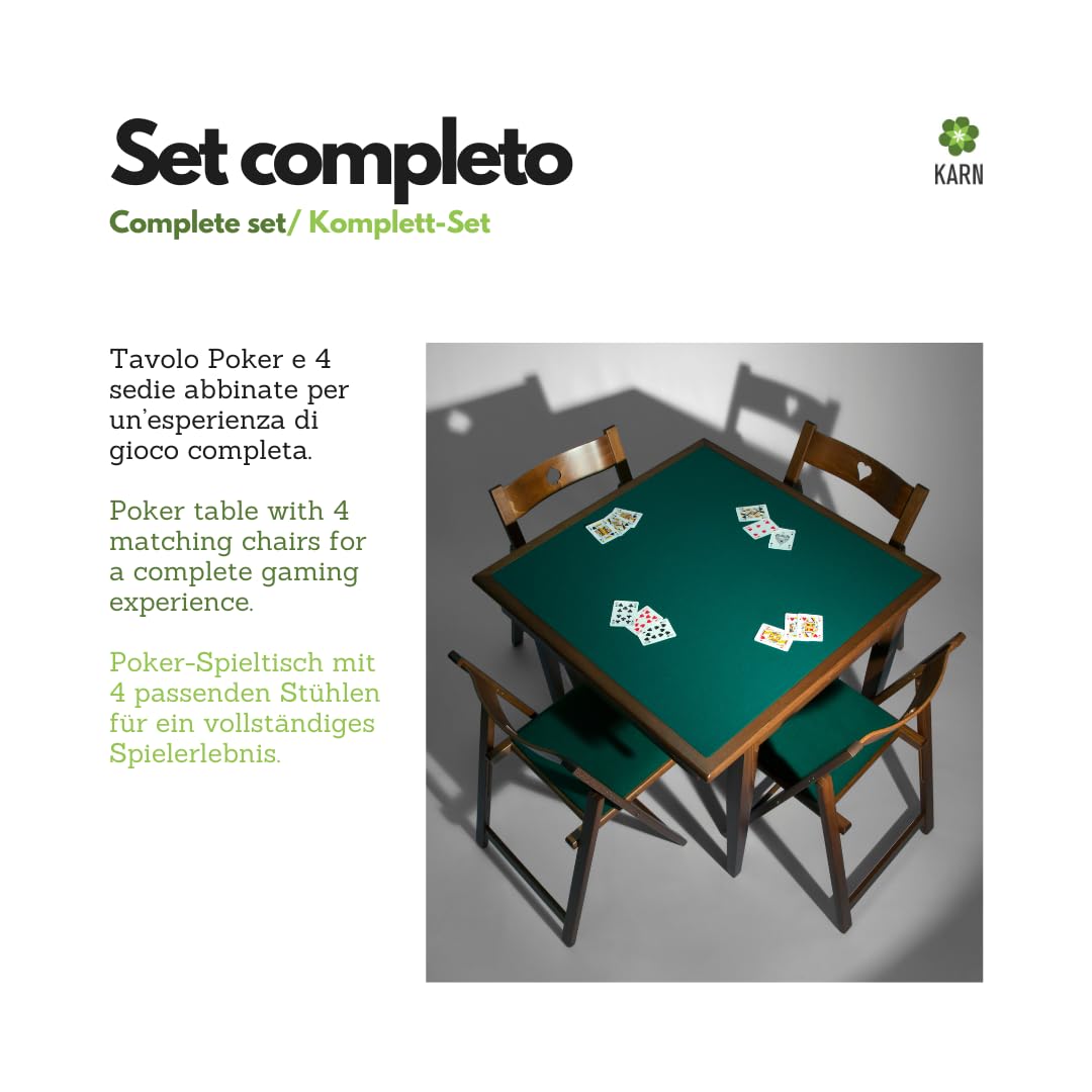 Karn Mesa de Juego Poker 4 Sillas Plegables – Mesa Cuadrada 90x90 cm Plegable en Haya Maciza con Paño Verde – Mesa de Cartas Ahorraespacio