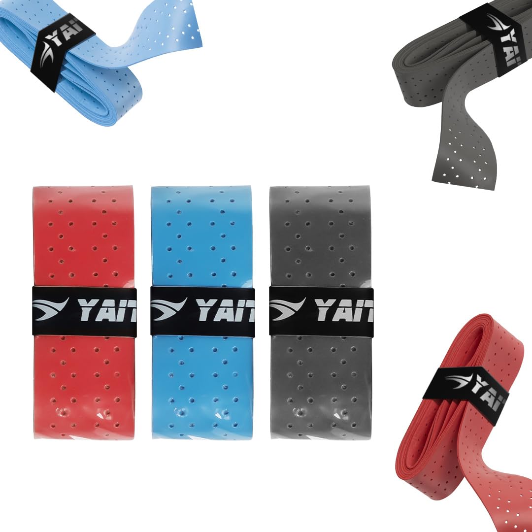 YAIT Overgrips (Pack of 3) – Tacky Moisture-Wicking Perforated Grip for Anti-Slip Hold, Breathable Multi-Layer Comfort, Easy Wrap Application, Universal Fit in Red, Grey & Blue